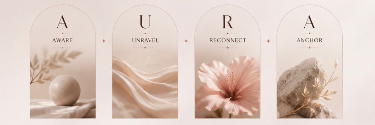 The four phases of The A.U.R.A Recalibration Method — Aware, Unravel, Reconnect, Anchor